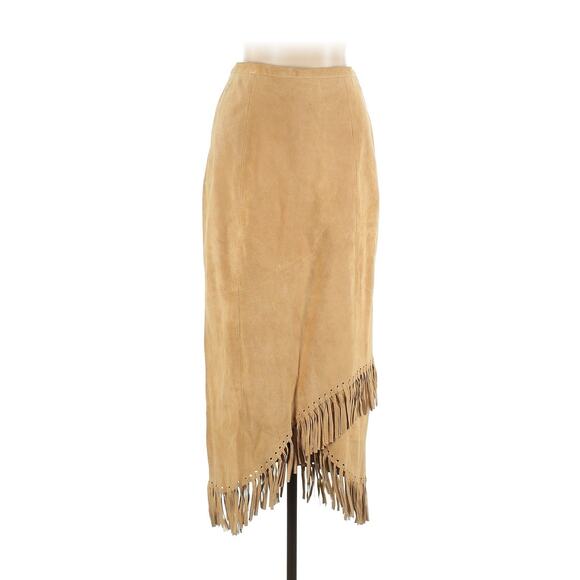 VTG Ami Cream Tan Midi Fringe Leather Surde Skirt 10 - Picture 1 of 3